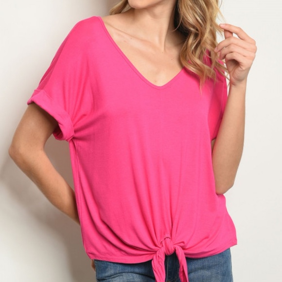 V NECK FUSCIA KNOT TIE FRONT TOP - Picture 1 of 5